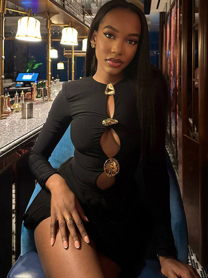 Party Dress Mini Black Jewel Neck Cut Out Long Sleeves Clothes Sexy Semi Formal Dress