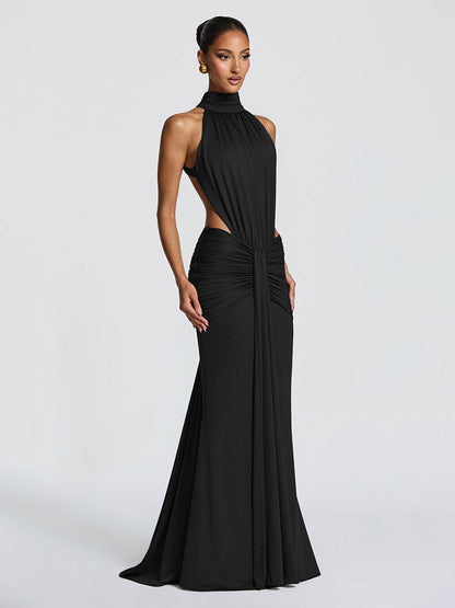 Party Dress Maxi Coffee Brown Halter Pleated Sleeveless Backless Chic Semi Formal Dress