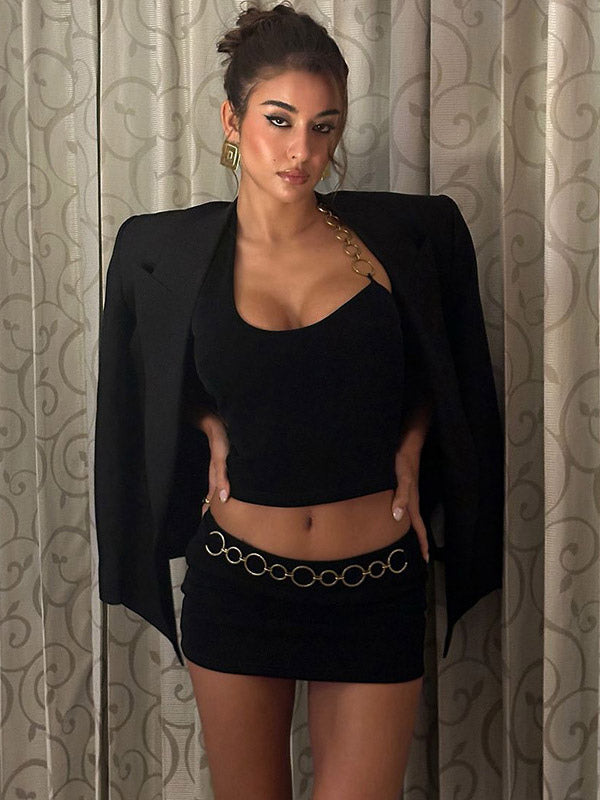 Two Piece Sets Black Resort Wear Chains Sexy Halter Asymmetrical Sleeveless Skirt Set