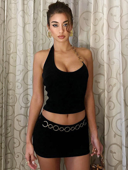 Two Piece Sets Black Resort Wear Chains Sexy Halter Asymmetrical Sleeveless Skirt Set