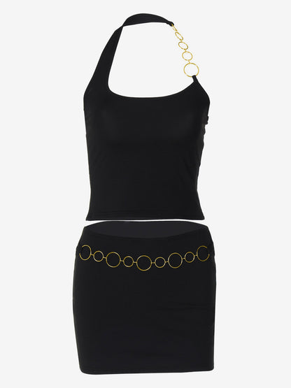 Two Piece Sets Black Resort Wear Chains Sexy Halter Asymmetrical Sleeveless Skirt Set