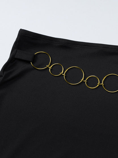Two Piece Sets Black Resort Wear Chains Sexy Halter Asymmetrical Sleeveless Skirt Set