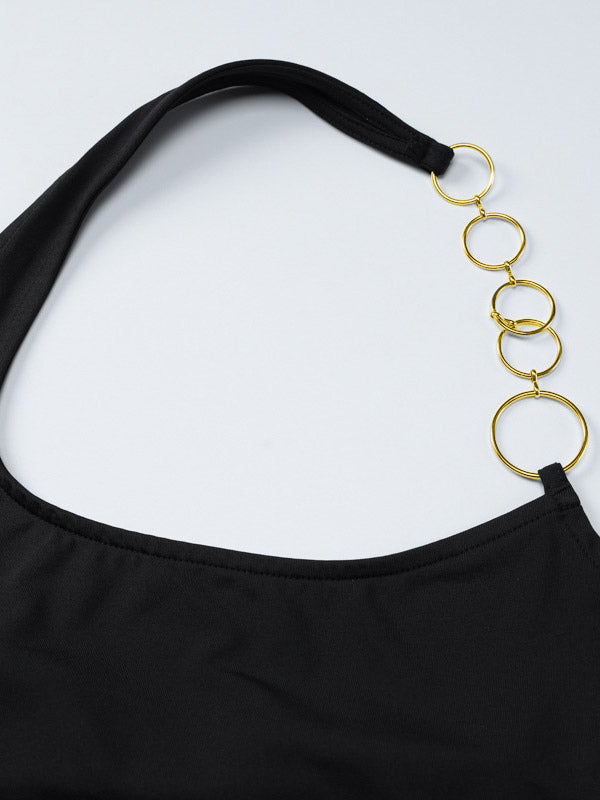Two Piece Sets Black Resort Wear Chains Sexy Halter Asymmetrical Sleeveless Skirt Set