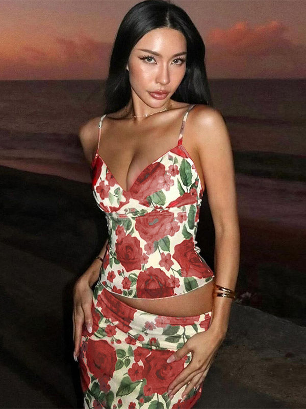 Two Piece Sets Red Sexy Floral Print Resort Wear Polyester Straps Neck Flower Sleeveless Skirt Set