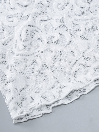 Blouse For Women White V-Neck Pleated Sexy Lace Long Sleeves Tops