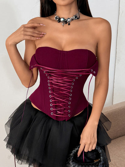 Corset Tops Brown Sexy Sleeveless Strapless Slim Fit Lace-up Tops