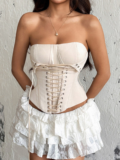 Corset Tops Brown Sexy Sleeveless Strapless Slim Fit Lace-up Tops