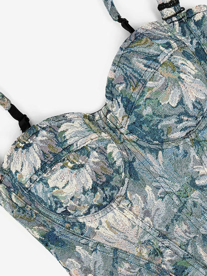Corset Tops Blue Retro Sleeveless Strapless Printed Slim Fit Tops