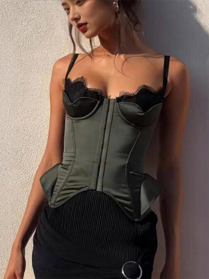 Corset Tops Black Sexy Sleeveless Straps Neck Slim Fit Lace-up Tops