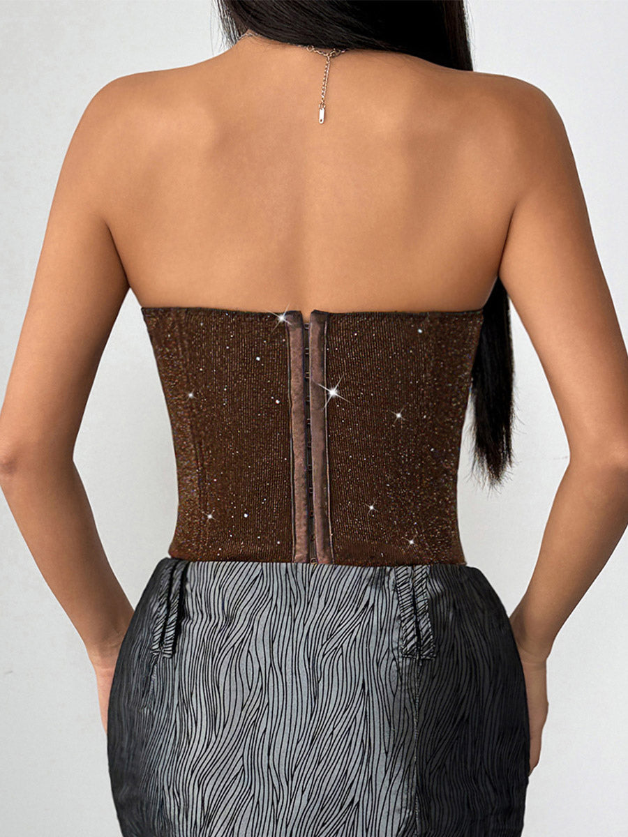 Corset Tops Red Chic Sleeveless Strapless Slim Fit Sequins Tops