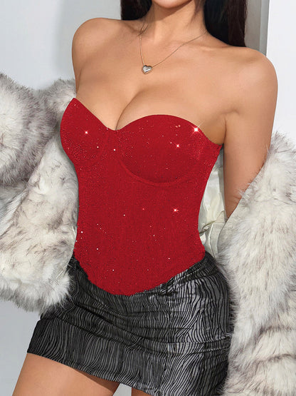 Corset Tops Red Chic Sleeveless Strapless Slim Fit Sequins Tops