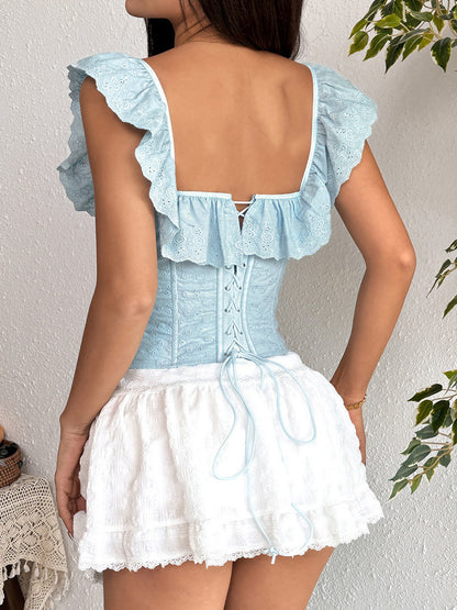 Corset Tops Tops Light Sky Blue Chic Sleeveless Off-The-Shoulder Open Shoulder Slim Fit Ruffles Lace-up