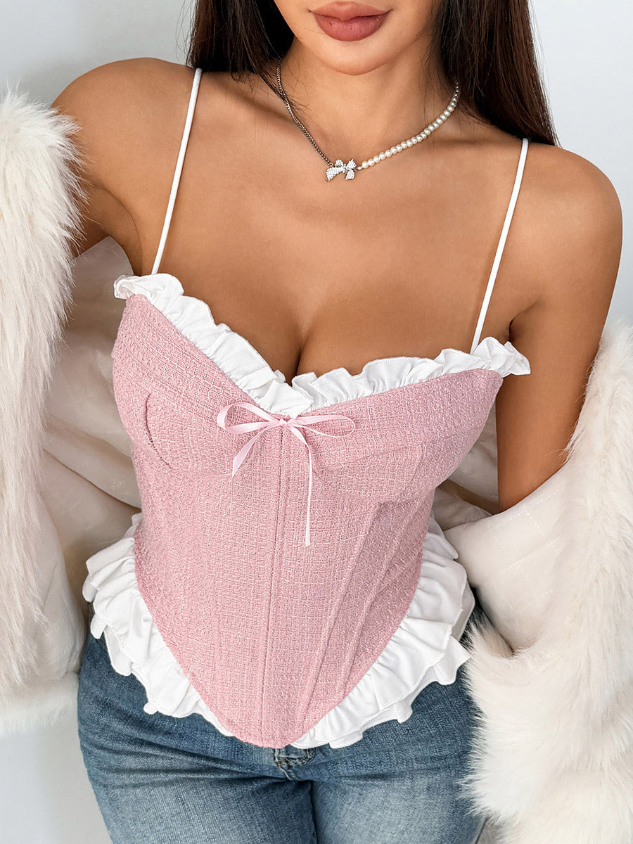 Corset Tops Coquette Pink Ruffles Sexy Sleeveless Straps Neck Peplum Lace-up