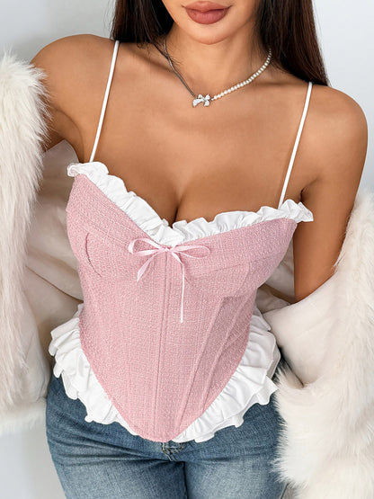 Corset Tops Coquette Pink Ruffles Sexy Sleeveless Straps Neck Peplum Lace-up