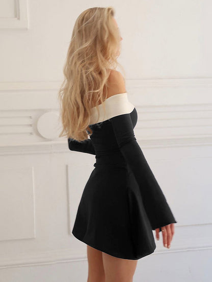 Date Night Dresses Mini Long Sleeves Two-Tone Off-The-Shoulder Chic Black Dress