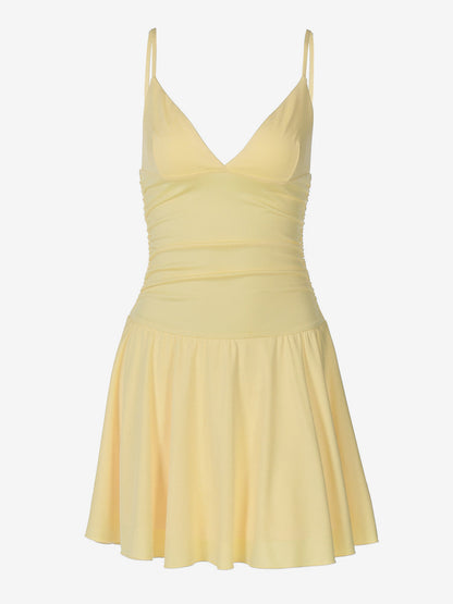 Date Night Dresses Mini Lace Up Sleeveless Backless Straps Neck Sexy Yellow Dress