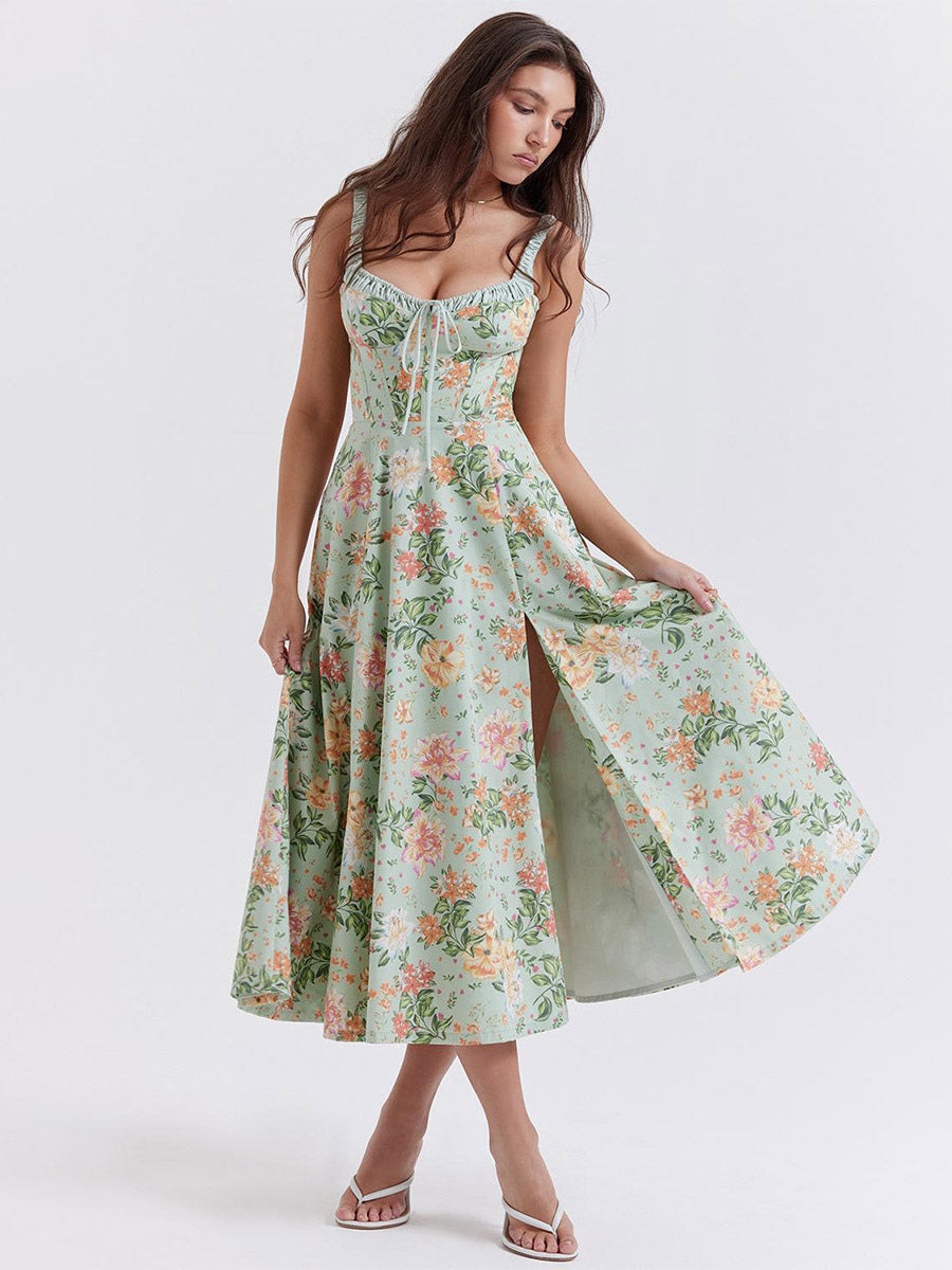 Date Night Dresses Midi Backless Flowers Drawstring Sleeveless Floral Print V-Neck Casual Green Dress