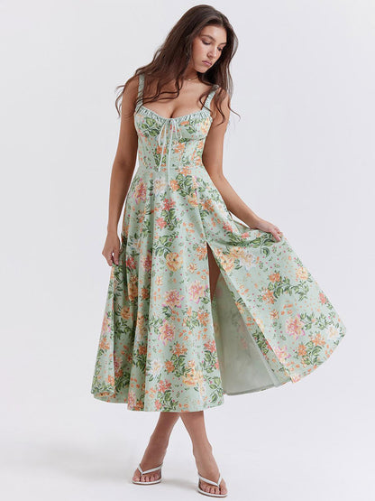 Date Night Dresses Midi Backless Flowers Drawstring Sleeveless Floral Print V-Neck Casual Green Dress