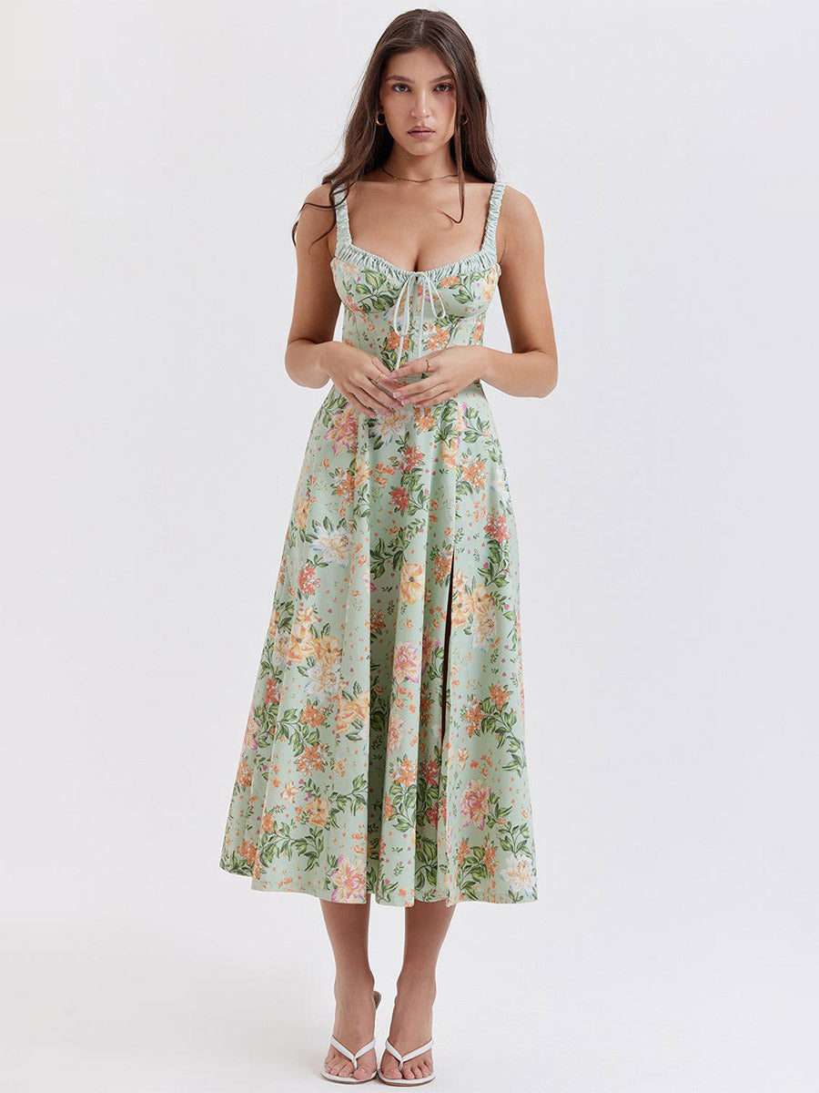 Date Night Dresses Midi Backless Flowers Drawstring Sleeveless Floral Print V-Neck Casual Green Dress