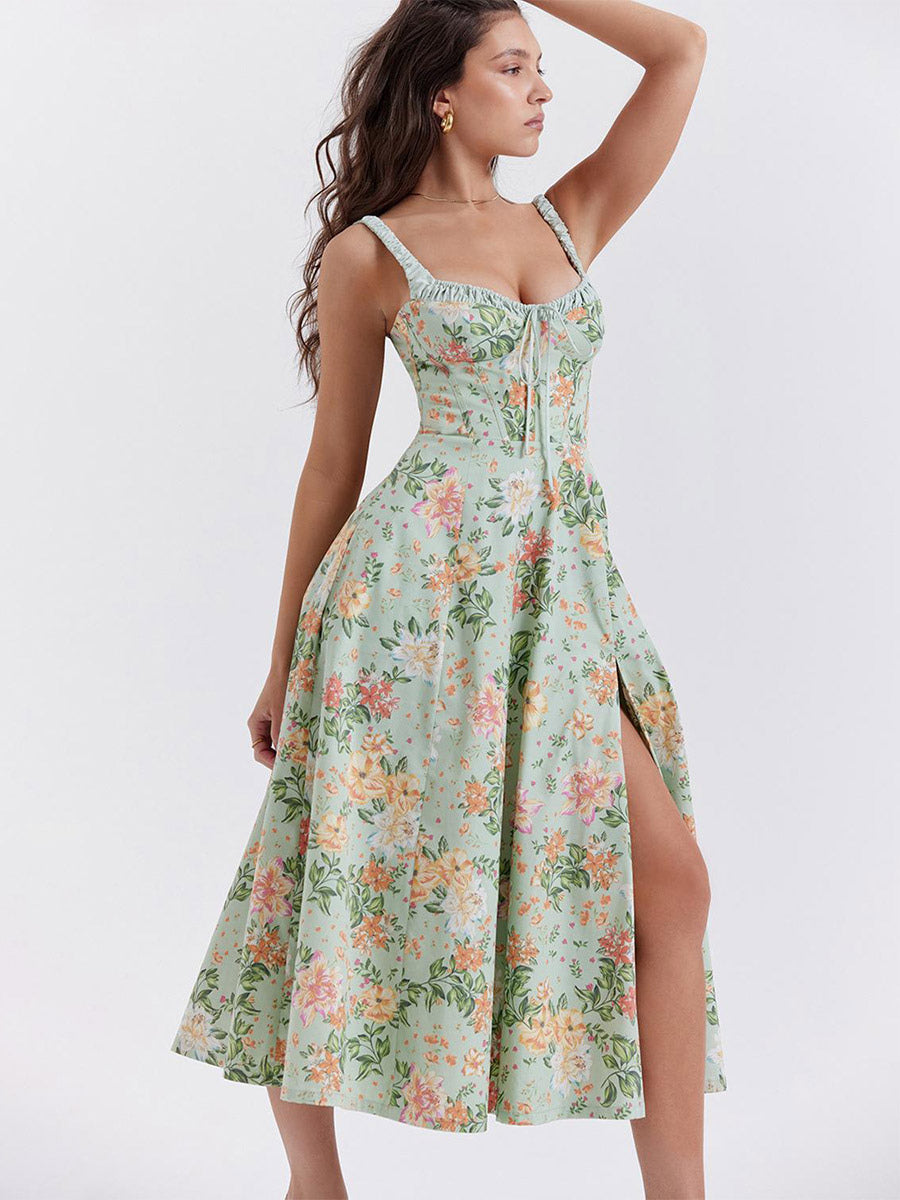 Date Night Dresses Midi Backless Flowers Drawstring Sleeveless Floral Print V-Neck Casual Green Dress