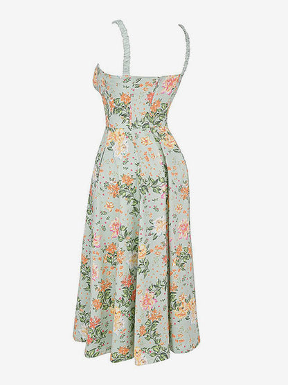 Date Night Dresses Midi Backless Flowers Drawstring Sleeveless Floral Print V-Neck Casual Green Dress