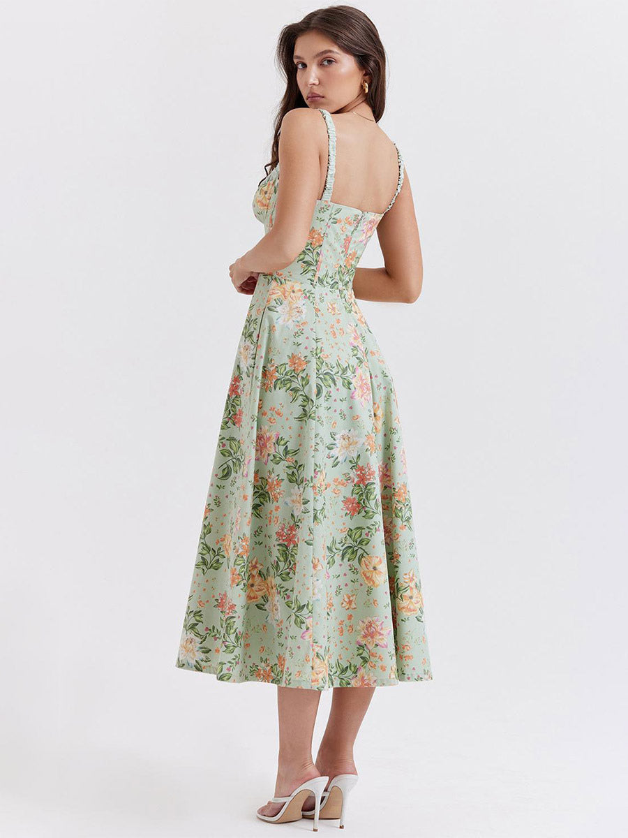 Date Night Dresses Midi Backless Flowers Drawstring Sleeveless Floral Print V-Neck Casual Green Dress