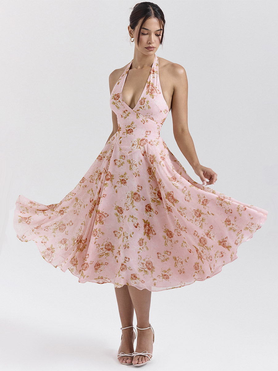 Vacation Dresses Maxi Backless Flowers Lace Up Sleeveless Floral Print Halter Sweet Pink Dress