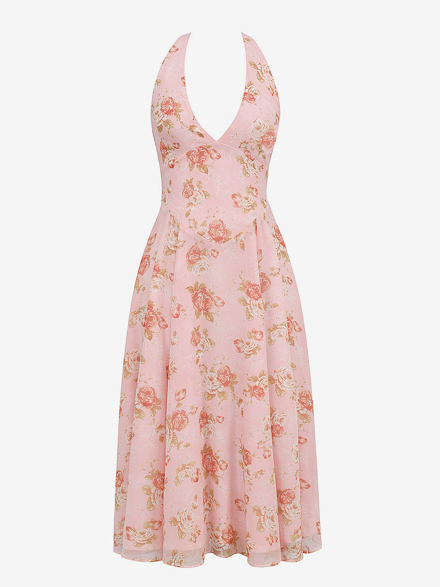 Vacation Dresses Maxi Backless Flowers Lace Up Sleeveless Floral Print Halter Sweet Pink Dress