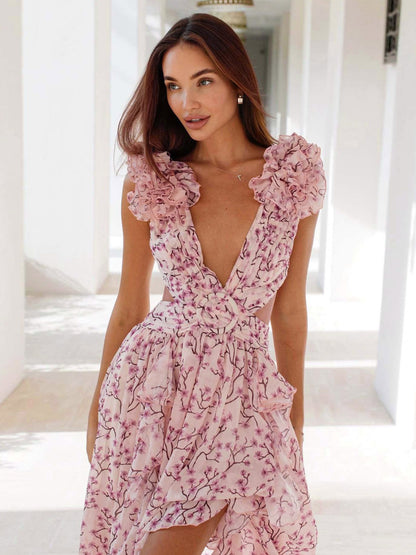 Vacation Dresses Maxi Ruffles Pleated Sleeveless Floral Print V-Neck Petal Sleeves Casual Orange Dresses