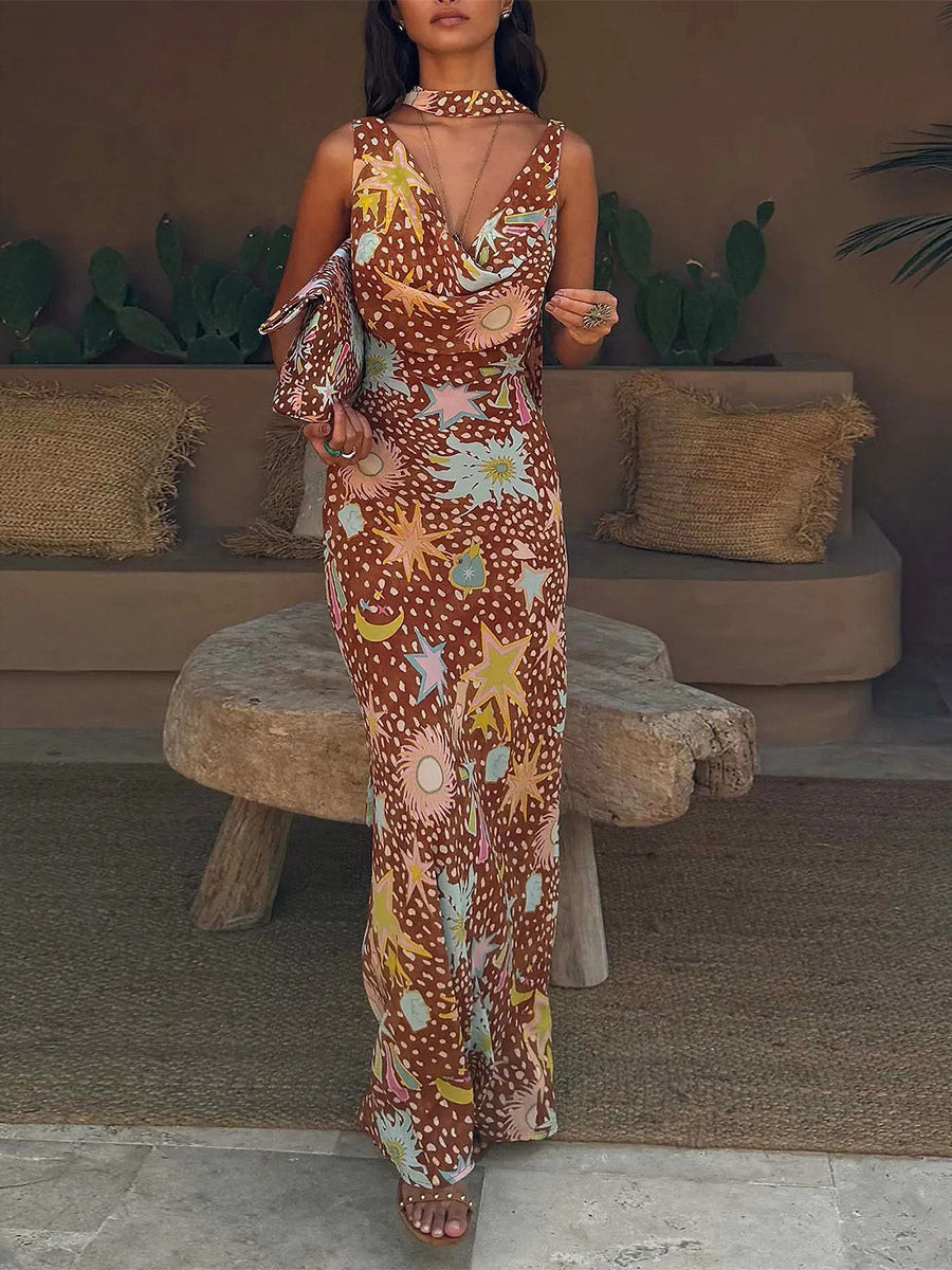 Vacation Dresses Maxi Backless Sleeveless Floral Print Cowl Neck Chic Brown Dress