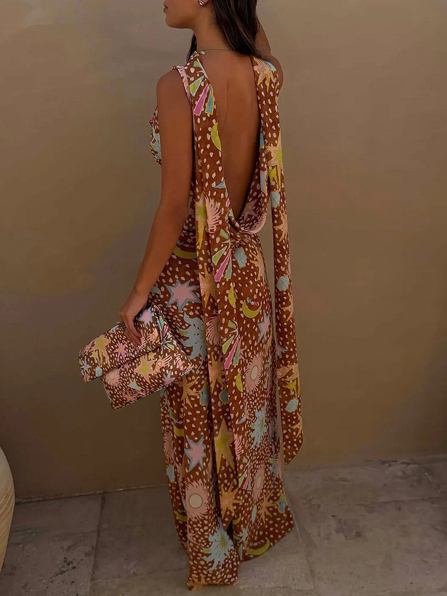 Vacation Dresses Maxi Backless Sleeveless Floral Print Cowl Neck Chic Brown Dress
