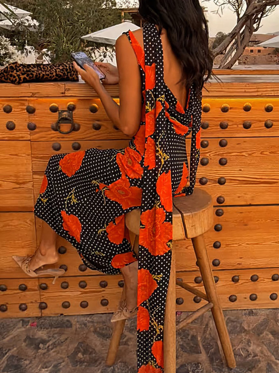 Vacation Dresses Maxi Backless Sleeveless Floral Print Cowl Neck Chic Brown Dress