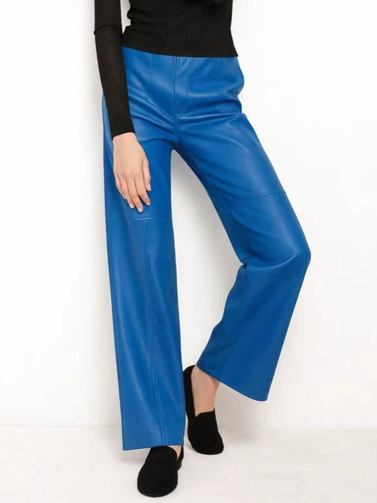 Pants Red PU Leather Natural Waist Chic Straight Trousers