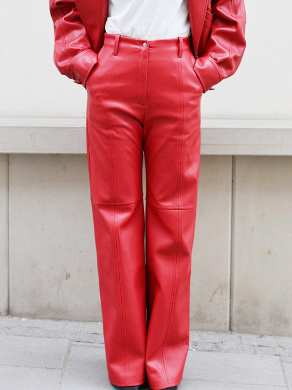 Pants Red PU Leather Natural Waist Chic Straight Trousers