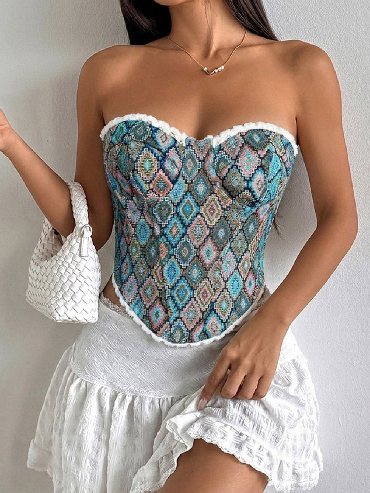 Corsets Tops Blue Lace-up Geometric Dating Elegant Lingerie