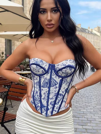 Corsets Tops Blue Lace-up Floral Print Street Wear Bohemian Lingerie