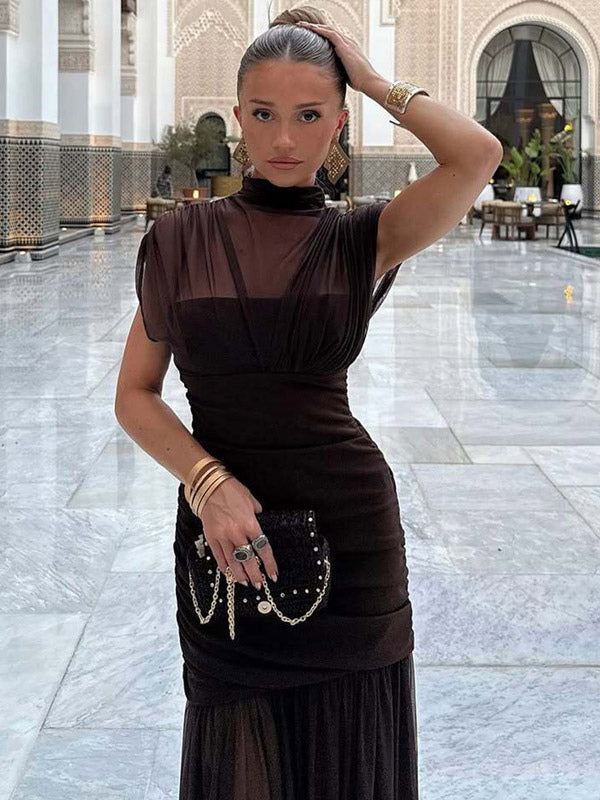Night Out Dresses Black Short Sleeves High Collar Summer Dress