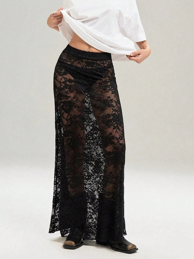 Skirts Black Natural Waist Sexy Sheer Long Women's Bottoms