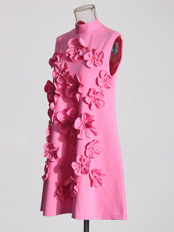 Party Dress Dresses Mini Pink Stand Collar Flowers Sleeveless Casual Semi Formal Dress