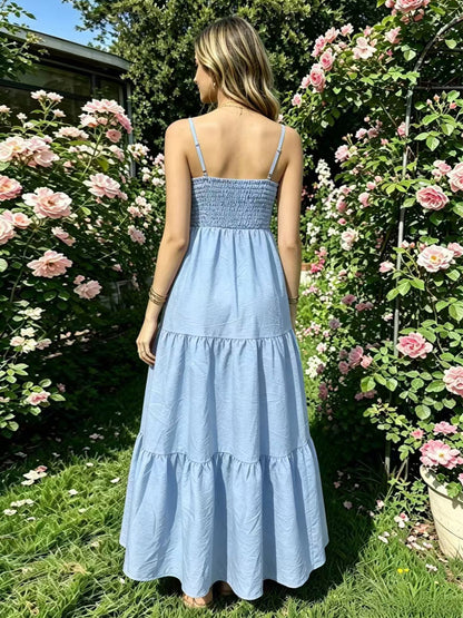 Vacation Dresses Maxi Backless Pleated Sleeveless Straps Neck Chic Light Sky Blue Dress