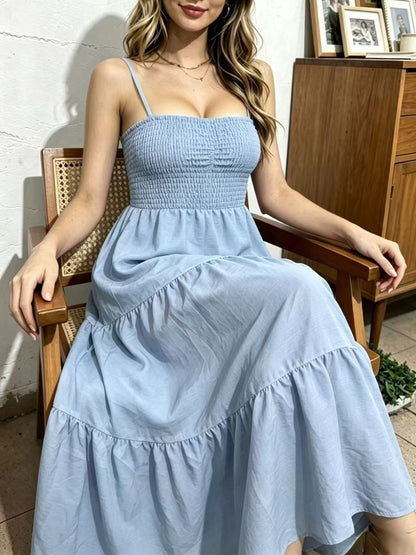 Vacation Dresses Maxi Backless Pleated Sleeveless Straps Neck Chic Light Sky Blue Dress