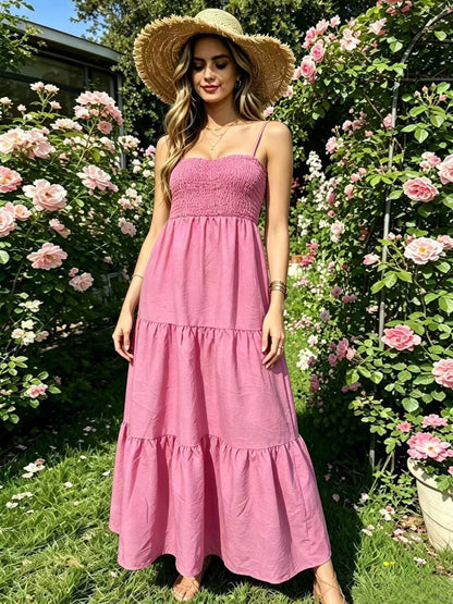 Vacation Dresses Maxi Backless Pleated Sleeveless Straps Neck Chic Light Sky Blue Dress