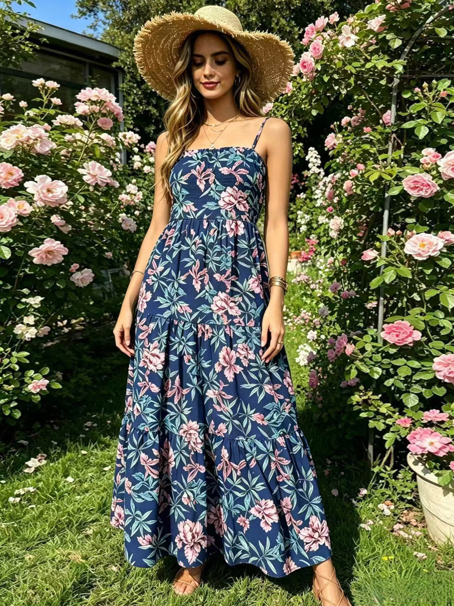 Vacation Dresses Maxi Backless Pleated Sleeveless Straps Neck Chic Light Sky Blue Dress