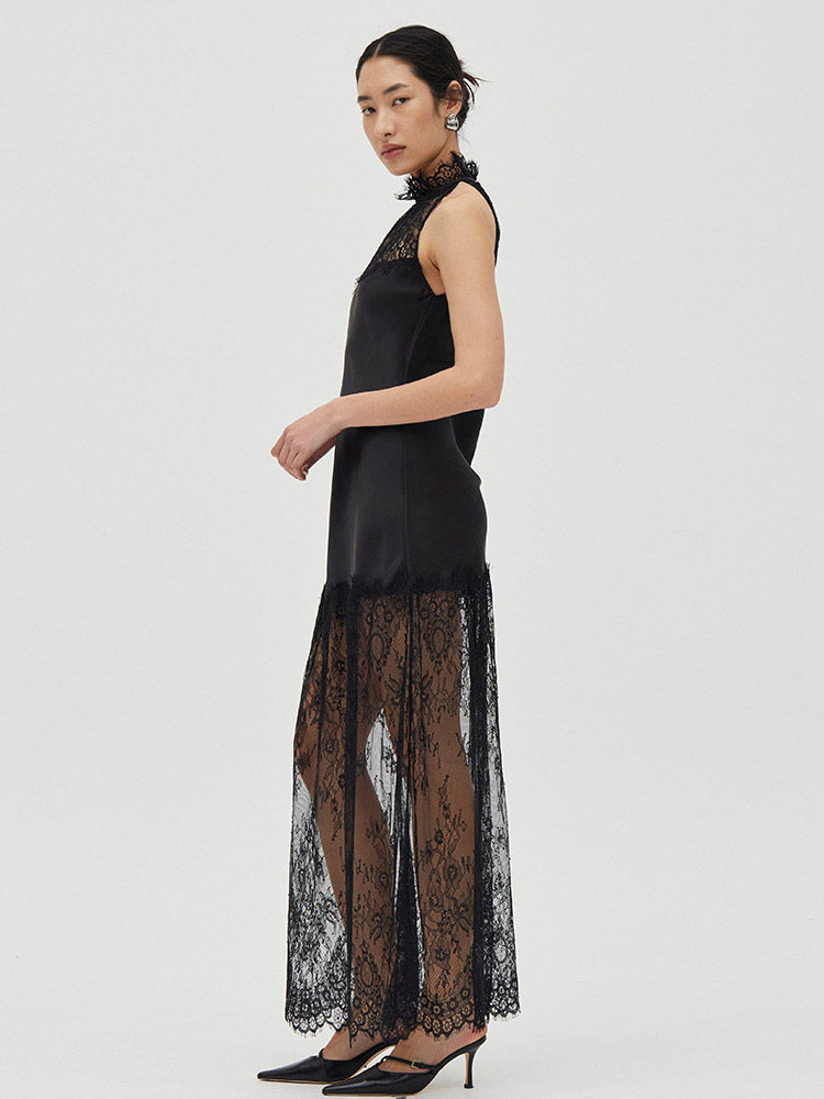Daily Dresses Woman's Maxi Black Sleeveless Jewel Neck Two-Tone Dress