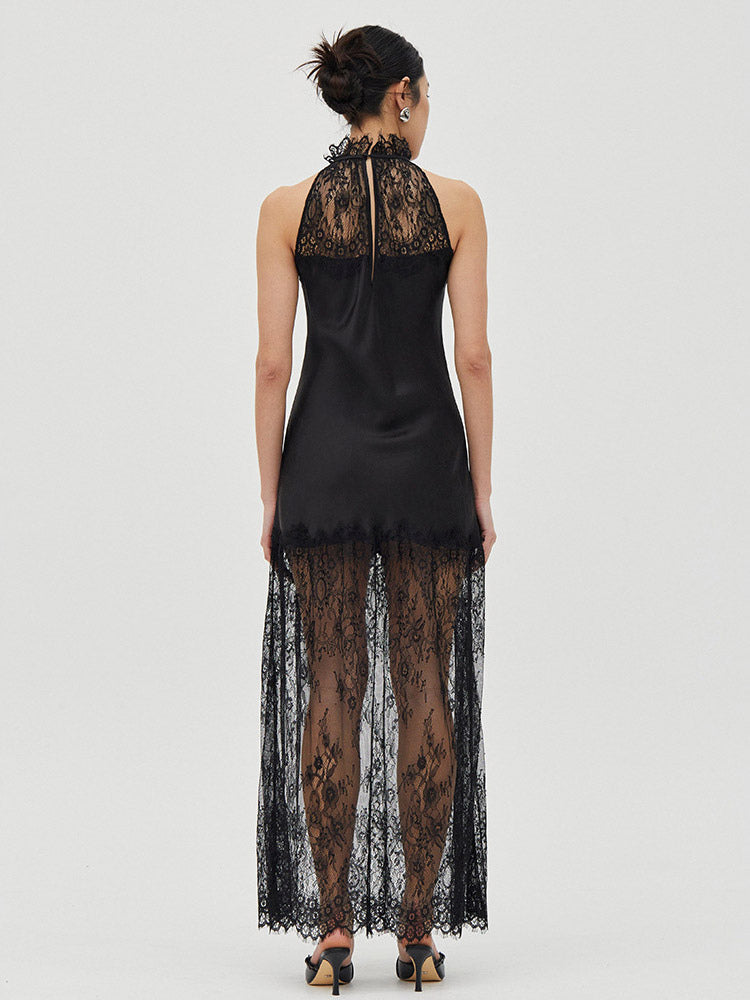 Daily Dresses Woman's Maxi Black Sleeveless Jewel Neck Two-Tone Dress