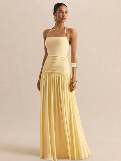 Party Dresses Yellow Straps Neck Short Sleeves Sexy Semi Formal Dress
