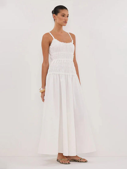 Date Night Dresses Shaping Pleated Sleeveless Straps Neck Casual White Dress