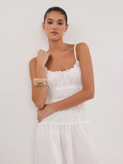 Date Night Dresses Shaping Pleated Sleeveless Straps Neck Casual White Dress