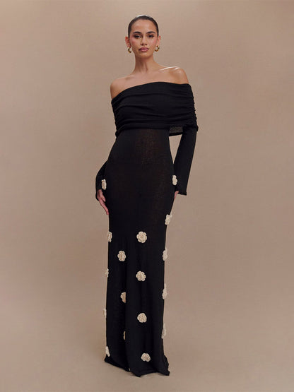 Party Dresses Shaping Flower Flowers Long Sleeves Off-The-Shoulder Casual White Dress