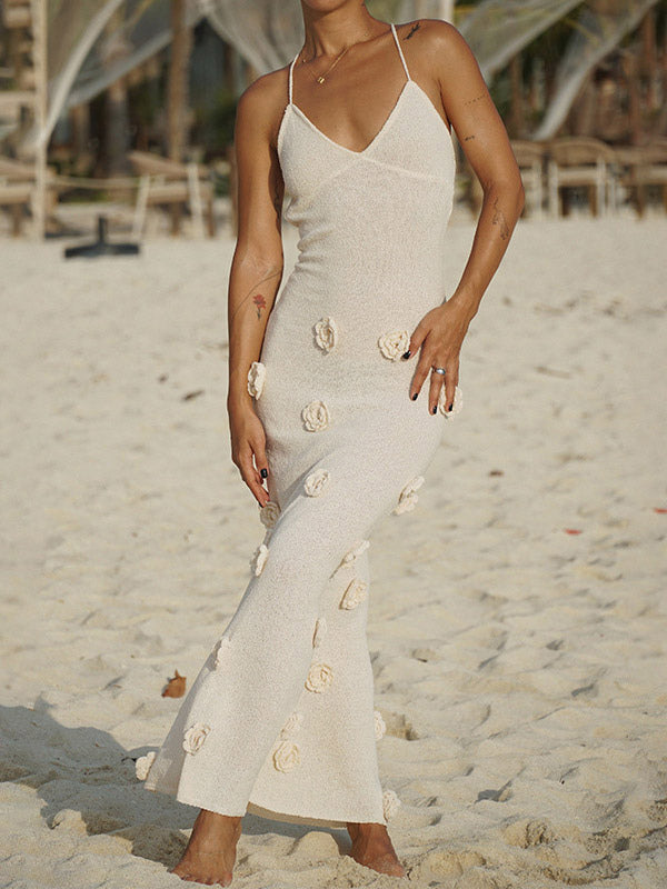 Vacation Dresses Flower Shaping Flowers Sleeveless Straps Neck Chic Coffee Brown Dress